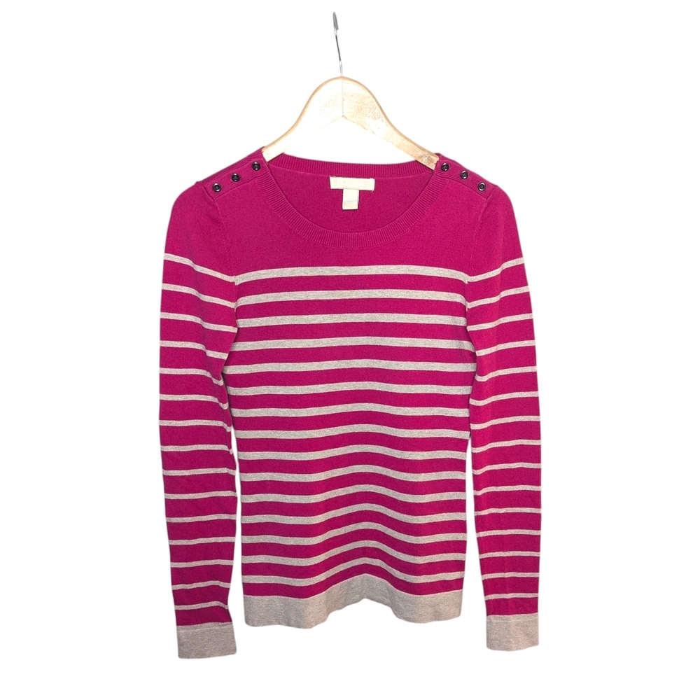 Banana Republic Sweater Small Pink Beige Striped Preppy Knit Shoulder Buttons